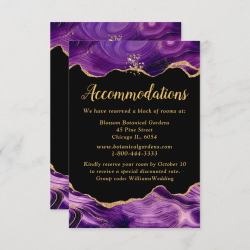 Gold and Dark Purple Agate Wedding Accommodations Enclosure Card