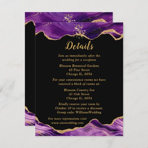 Gold and Dark Purple Agate Wedding Details Enclosure Card