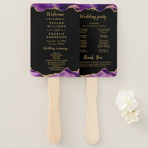 Gold and Dark Purple Agate Wedding Program Hand Fan