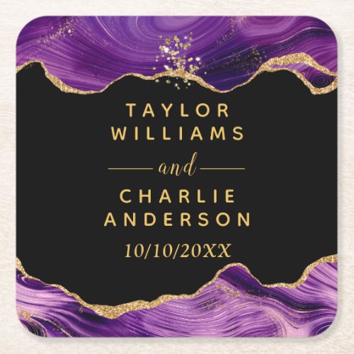 Gold and Dark Purple Agate Wedding Square Paper Coaster