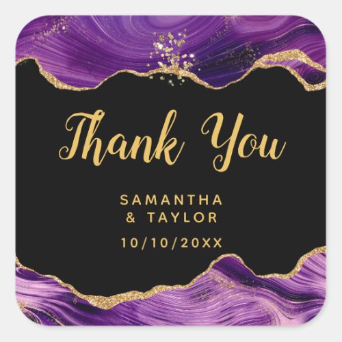 Gold and Dark Purple Agate Wedding Thank You Square Sticker