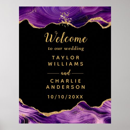 Gold and Dark Purple Agate Wedding Welcome Poster