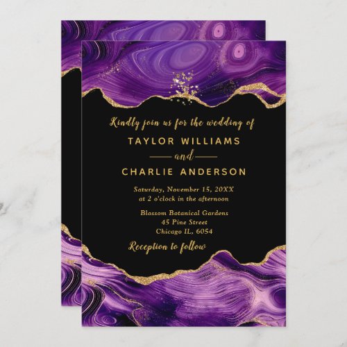 Gold and Dark Purple Faux Glitter Agate Wedding Invitation