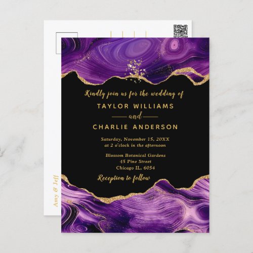 Gold and Dark Purple Faux Glitter Agate Wedding Postcard