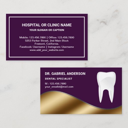 Gold and Dark Purple Tooth Dental Clinic Dentist Business Card | Zazzle