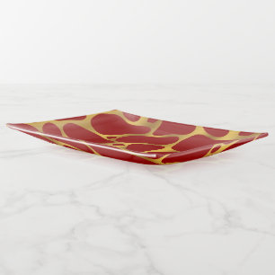 Gold and dark red abstract giraffe pattern trinket tray