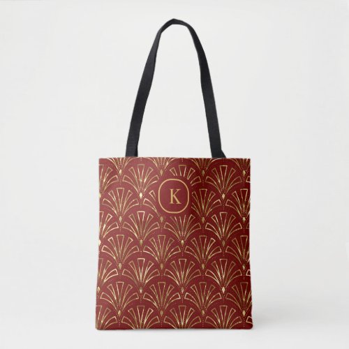 Gold and dark red art deco abstract flower pattern tote bag