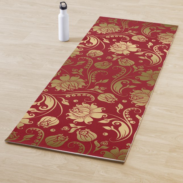Gold and Dark Red Floral Damask Pattern Yoga Mat (In Situ)
