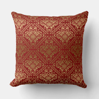 Gold And Dark Red Vintage Floral Damask Throw Pillow