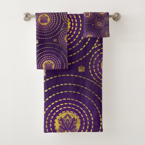 Gold and deep purple Lotus Flower Bath Towel Set