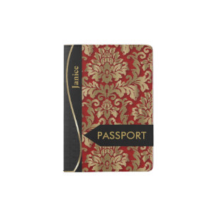 Gold and Deep Red Floral Damask Passport Holder
