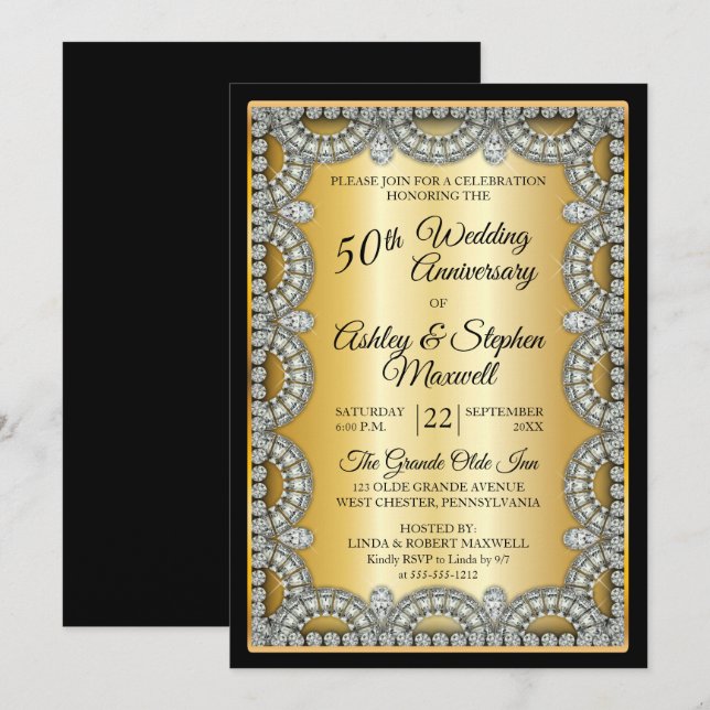 Gold and Diamond 50th Wedding Anniversary Party Invitation (Front/Back)