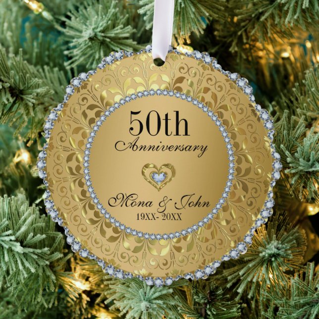 Gold and Diamonds 50th Wedding Anniversary Ornament Card (Insitu (Tree))
