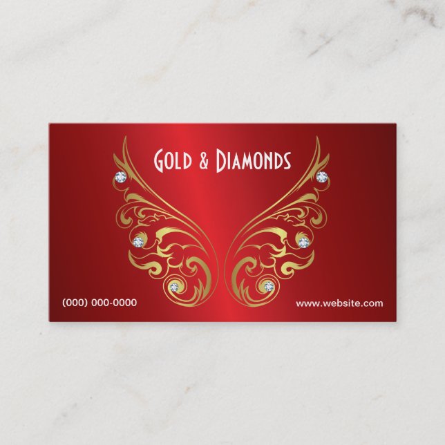 Gold and Diamonds Red Metallic Business Card (Front)