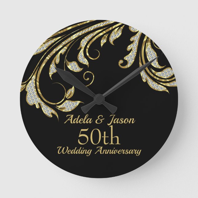 Gold And Diamonds Swirl Round Clock (Front)