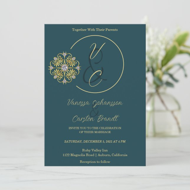 Gold and Diamonds Wedding Invitation (Standing Front)