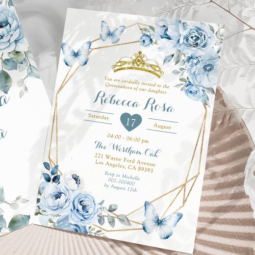 Gold and Dusty Blue Floral Crown Quinceaera Invitation
