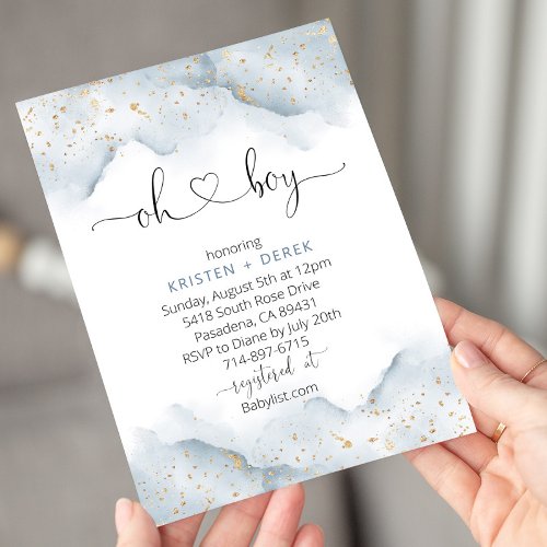 Gold and Dusty Blue Watercolor Baby Shower Invitation