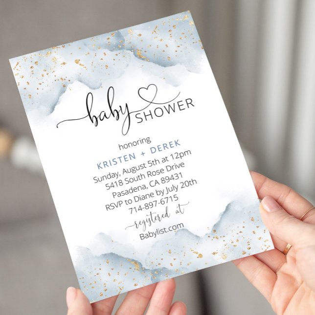 Gold and Dusty Blue Watercolor Baby Shower  Invitation (Creator Uploaded)