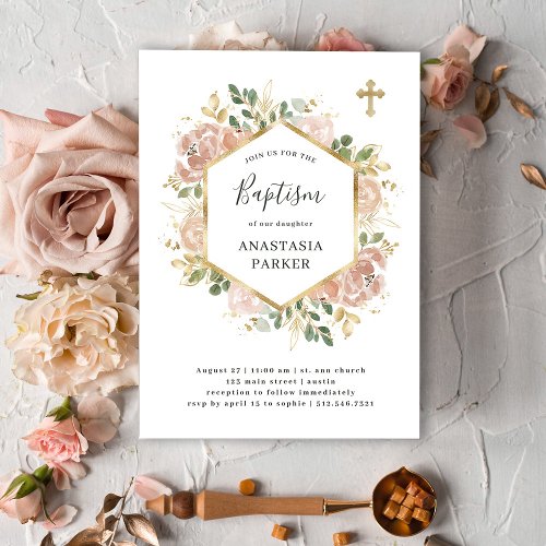 Gold and Elegant Neutral Watercolor Floral Baptism Invitation