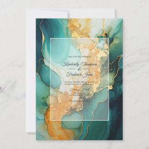 Gold and Emerald Alcohol Ink Wedding Invitation