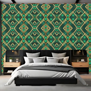 Gold and Emerald Argyle Pattern Peel and Stick Wallpaper