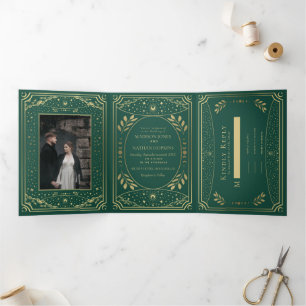 Gold and Emerald Elegant Tarot Wedding  Tri-Fold Invitation