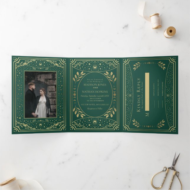 Gold and Emerald Elegant Tarot Wedding  Tri-Fold Invitation (Inside)