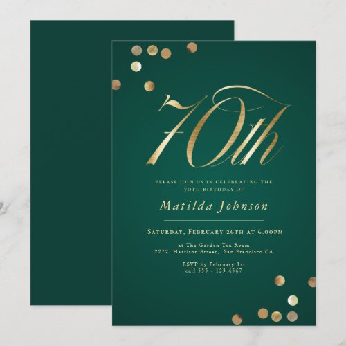 Gold and Emerald Green 70th Birthday Invitation