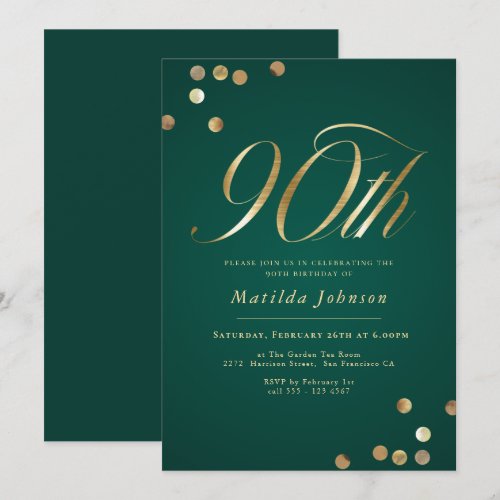 Gold and Emerald Green 90th Birthday Invitation