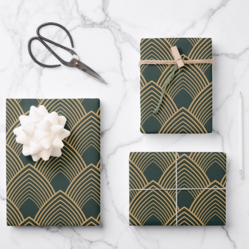 Gold and Emerald Green Art Deco Pattern   Wrapping Paper Sheets