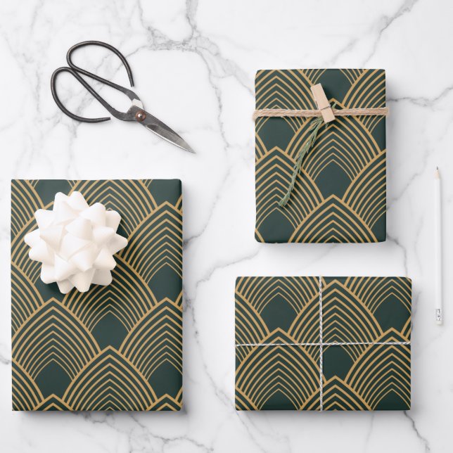 Gold and Emerald Green Art Deco Pattern   Wrapping Paper Sheets (Front)