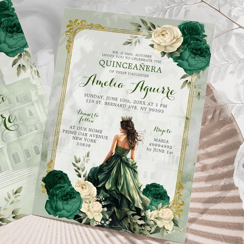 Gold and Emerald Green Castle Princess Quinceaera Invitation