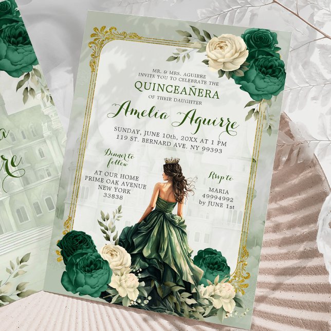 Gold and Emerald Green Castle Princess Quinceañera Invitation (Creator Uploaded)