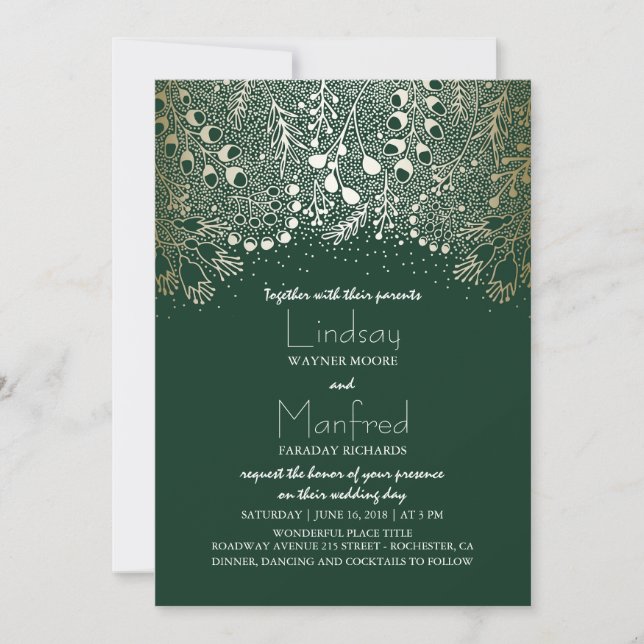 Gold and Emerald Green Enchanted Woodland Wedding Invitation (Front)