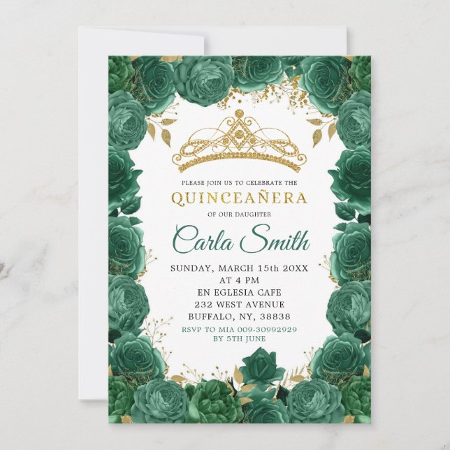 Gold and Emerald Green Roses Quinceañera Invitation (Front)