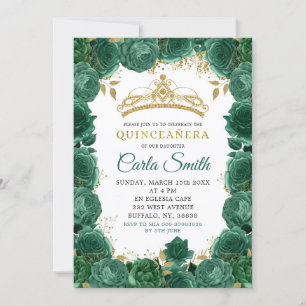 Gold and Emerald Green Roses Quinceañera Invitation