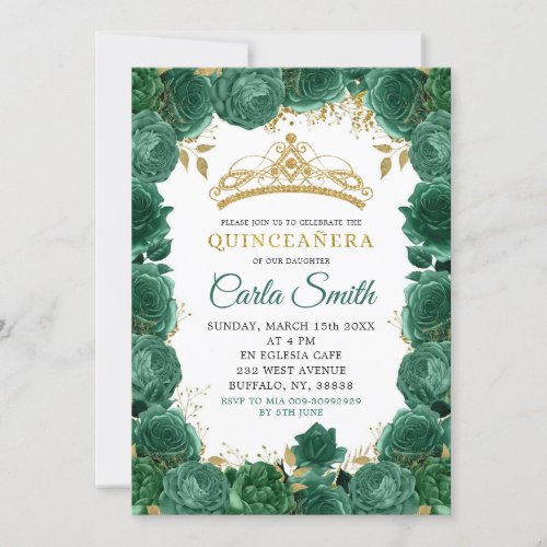 Gold and Emerald Green Roses Quinceaera Invitation