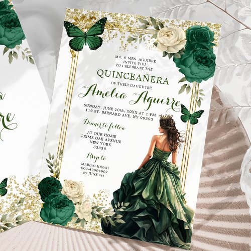 Gold and Emerald Green Royal Princess Quinceaera Invitation