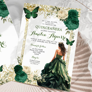 Gold and Emerald Green Royal Princess Quinceañera Invitation