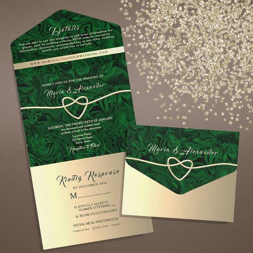 Gold and Emerald Green Wedding All In One Invitation