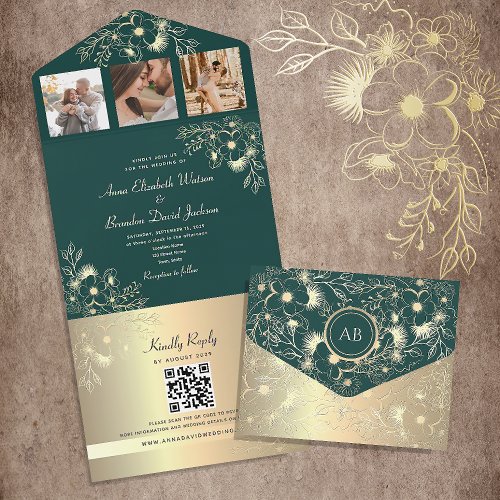 Gold and Emerald Green Wedding QR Code All In One Invitation
