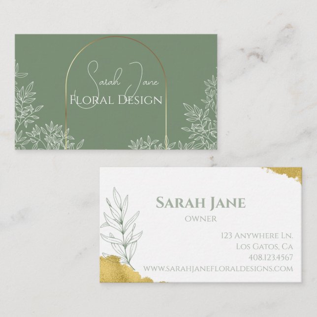 Gold and Emerald Leaves Minimalist Business Card (Front/Back)