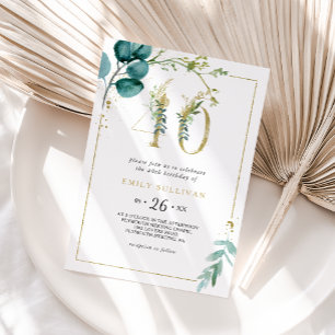 Gold and Eucalyptus 40th Birthday Party Invitation