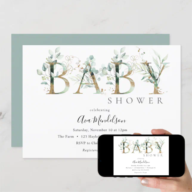 Gold and Eucalyptus Baby Shower invitation | Zazzle