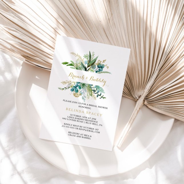 Gold and Eucalyptus Brunch & Bubbly Bridal Shower Invitation (Creator Uploaded)