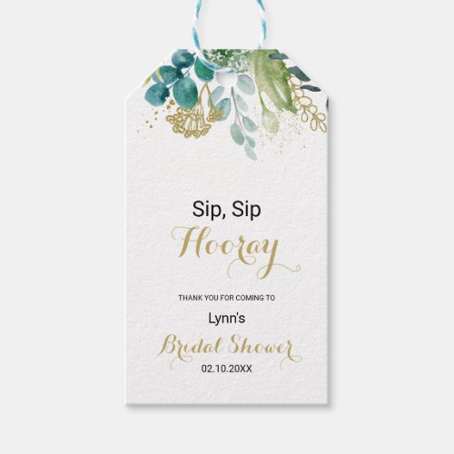 Gold and Eucalyptus Sip Sip Hooray Bridal Shower Gift Tags