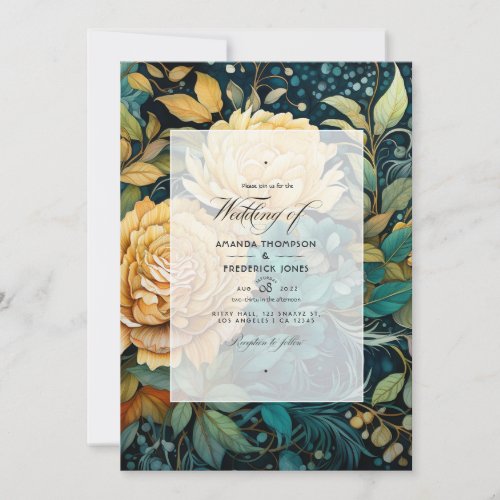 Gold and Evergreen Floral Fall Wedding Invitation