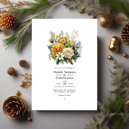 Gold and Evergreen Floral Fall Wedding Invitation