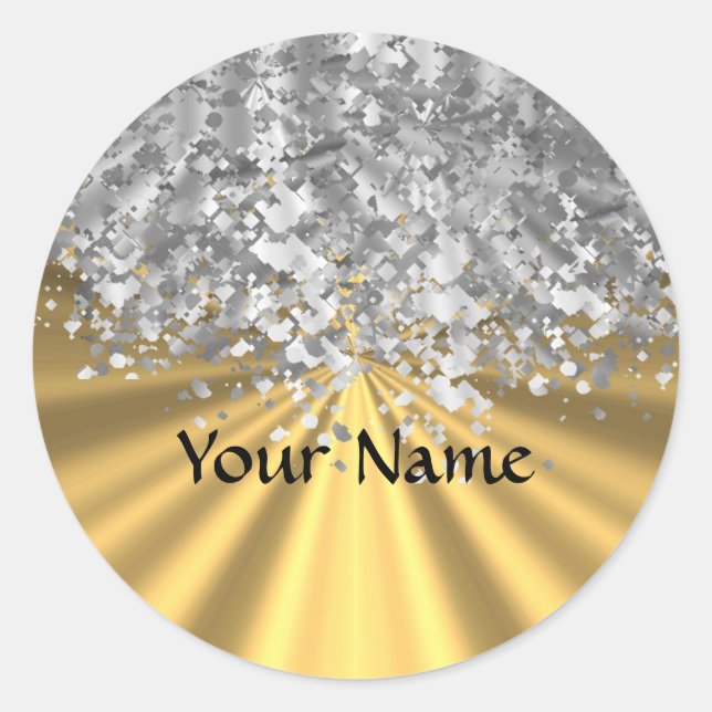 Gold and faux glitter personalized classic round sticker (Front)